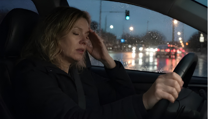Drowsy driver at night in Knoxville Tennessee showing fatigue caused by sleep apnea