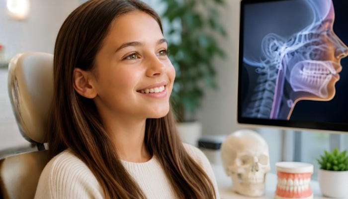 Young patient during an airway orthodontic evaluation with facial growth and airway imaging in a modern dental office